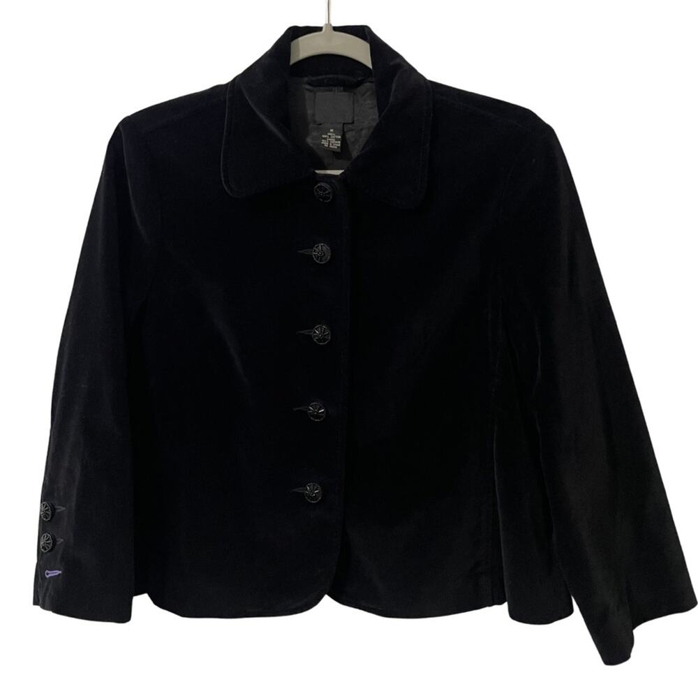Lucky Brand Y2K Velvet Short Blazer Lined Jacket Beaded Buttons Women's M Black